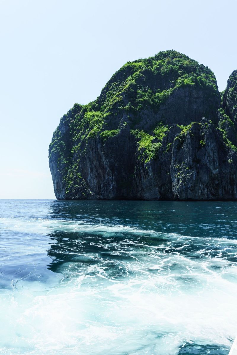 A lush limestone cliff rising above blue water