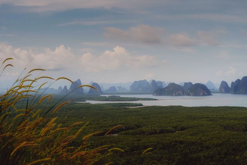 Limestone islands across Phang Nga Bay seen over grassland