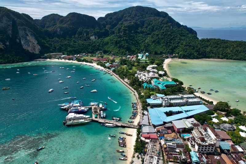 Tonsai Village on Koh Phi Phi from above, between two turquoise bays