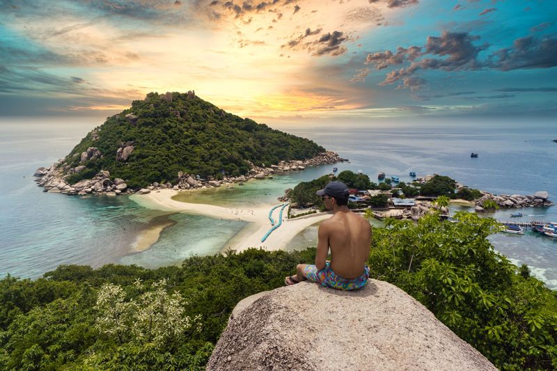 Looking out from the viewpoint over Koh Nang Yuan at sunset, off Koh Tao